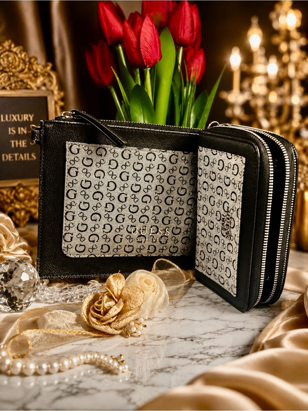 GUESS Black and Gray Signature Zip-Around Wallet